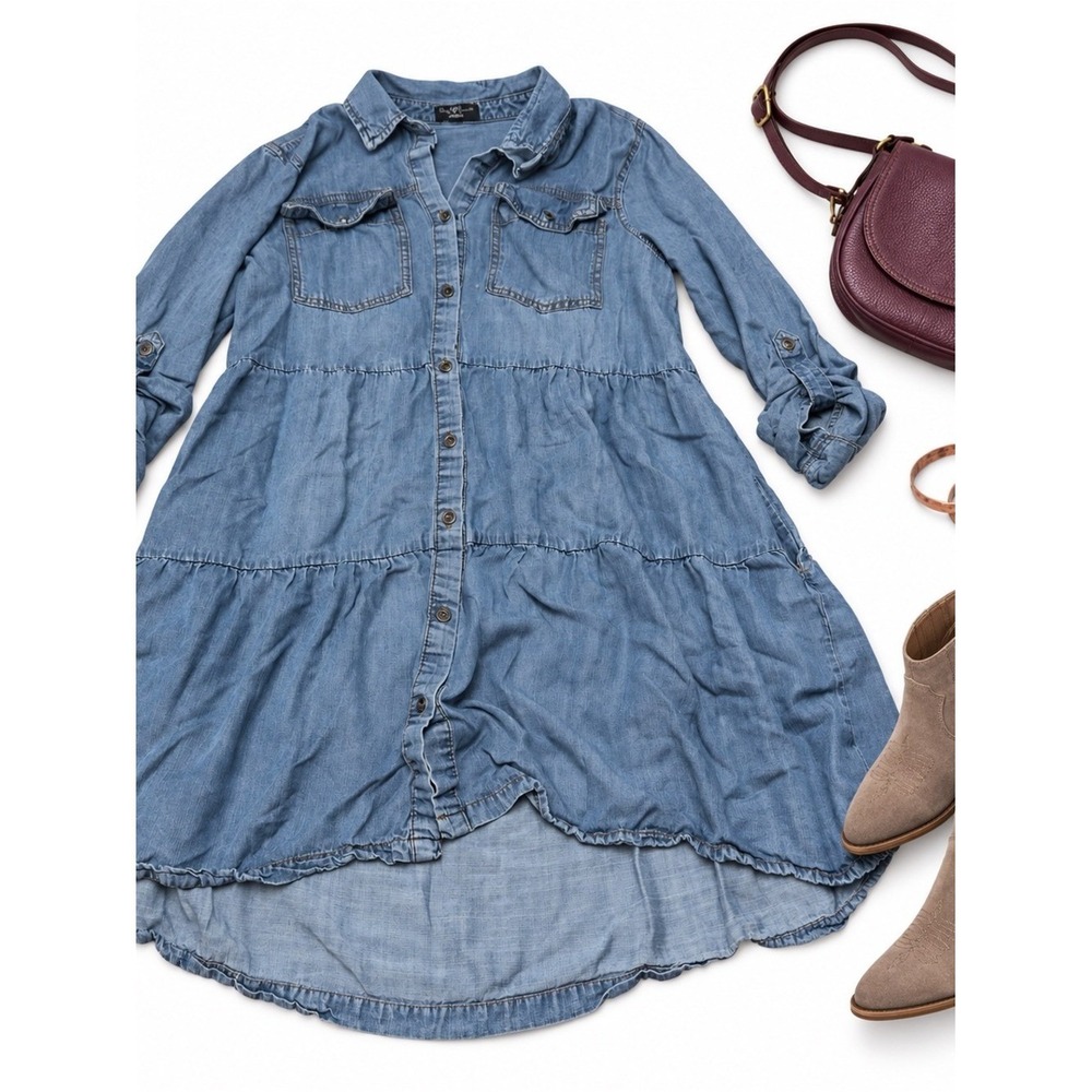 Velvet Heart Chambray Shirt Dress Medium Blue Tiered High Low Roll Tab Sleeves
